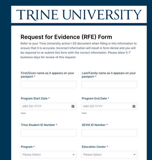 Trine University RFE package request form