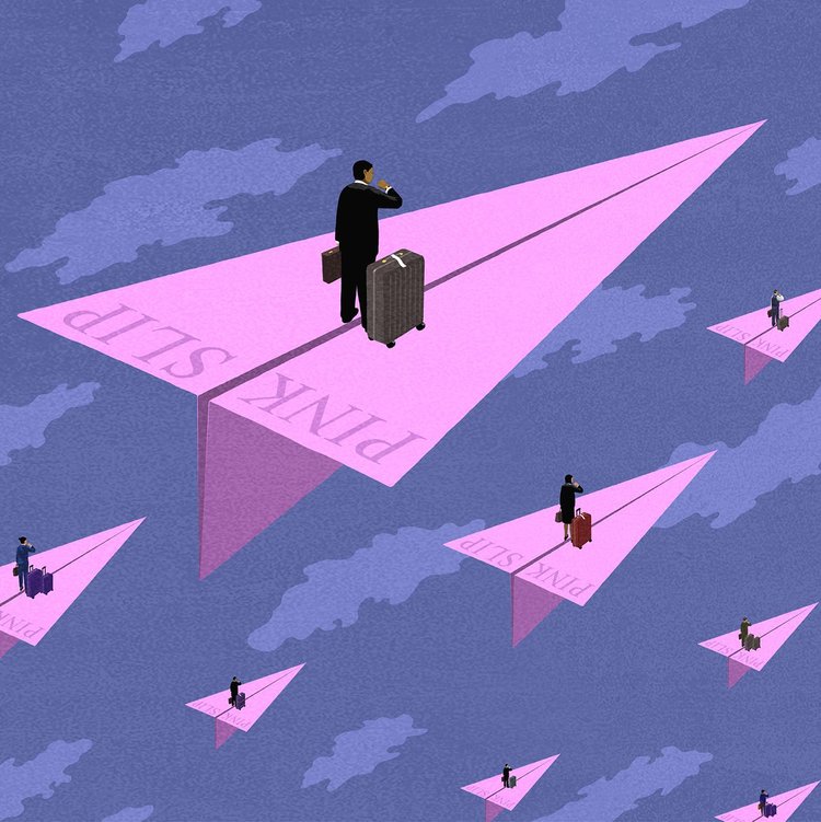 Workers stands on purple paper planes and its symbolize their work may be fly away